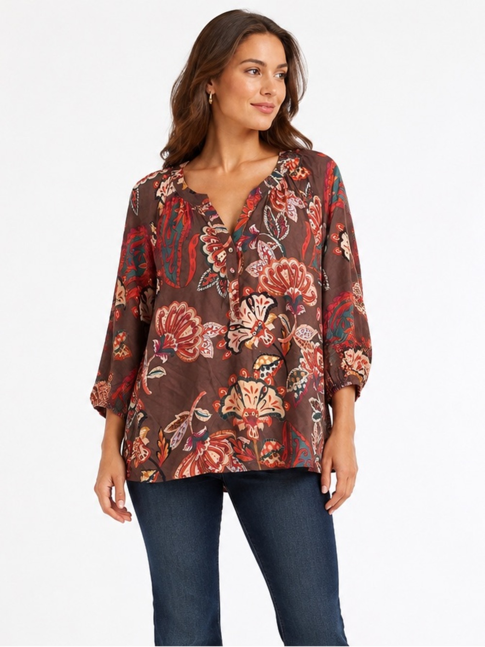 Umgee Boho Floral Paisley Tunic Blouse Medium Brown 3/4 Sleeve Peasant Top